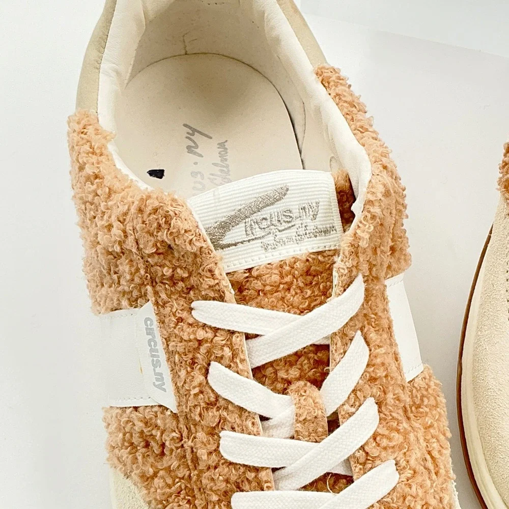 Circus NY Sam Edelman Size 12 Cozy Faux Fur Sneakers Tan White NEW Vance $90